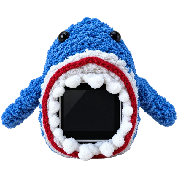 EGGI wearing a handmade blue shark outfit